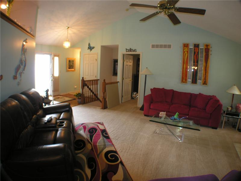 Family room is WW carpet and includes a fireplace, cathedral ceiling and walkout 