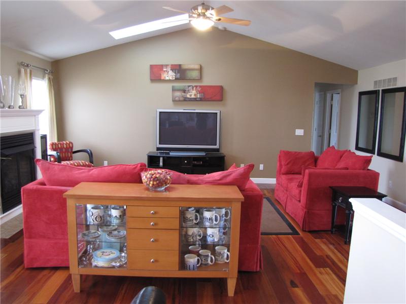 Great Room Has 2 Sky Lights and Ceiling Fan
