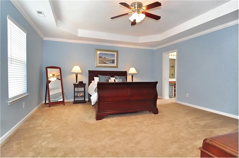 Spacious master bedroom has a trey ceiling, custom paint, wall-to-wall carpeting & a huge walk-in closet