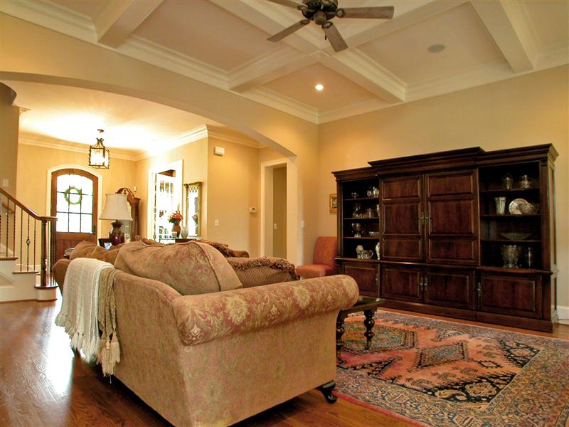 Great room features coffered ceilings