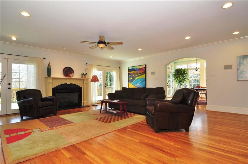 The spacious greatroom with gorgeous wood floors