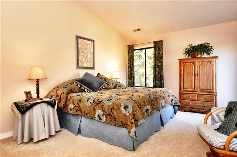 The spacious master bedroom has a vaulted ceiling