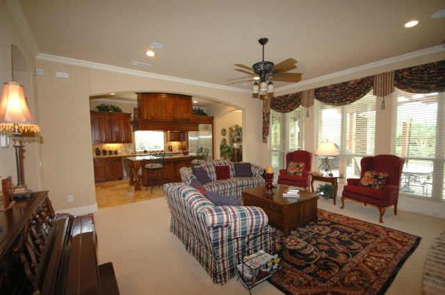 Another view of the family room and kitchen.