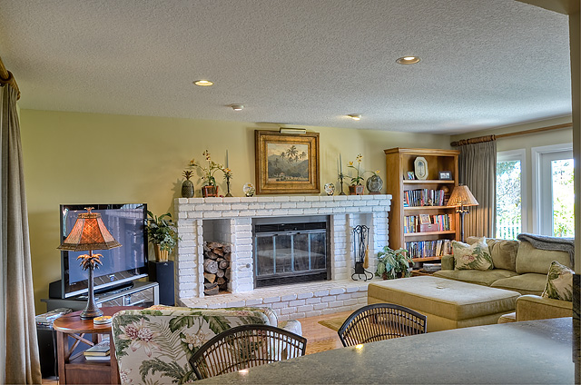 Family room fireplace with wood niche